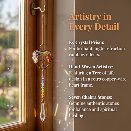 Tree of Life Crystal Sun Catcher, Natural Quartz Gemstone Pendant for Windows, Rainbow Maker & Chakra Healing Decor, Spiritual Gift for Women, Garden & Home Decoration (41cm) 41cm
