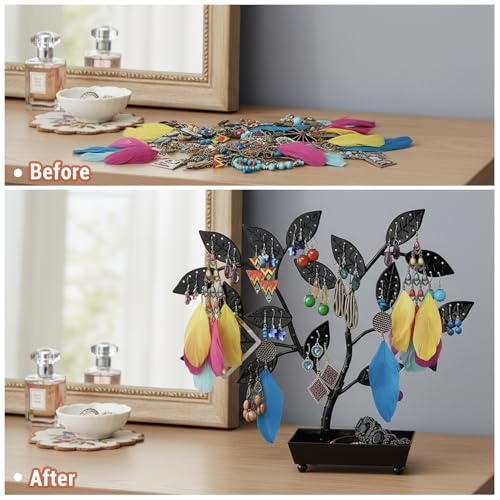 MyGift Jewelry Tree Leaves, 48 Pair Earring, Necklace & Bracelet Stand Black Metal