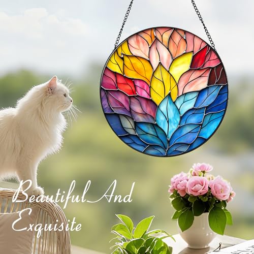 Stained Glass Lotus Suncatcher - 7.9" Real Glass Rainbow Leaf Window Hanging, Weatherproof Boho Zen Decor, Chakra Healing Yoga Meditation Gift for Mom Women Spiritual Friends Ivory