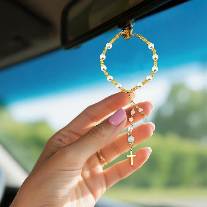 Natural Jade Cross Car Hanging Ornament Gold