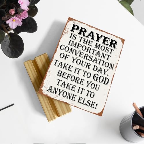 Christian Decor, Religious Gifts, Spiritual Decor, Inspirational Wooden Plaque Sign Bible Verse Decoration for Home Office Shelf Decor Prayer Is The Most Important Conversation Of Your Day.