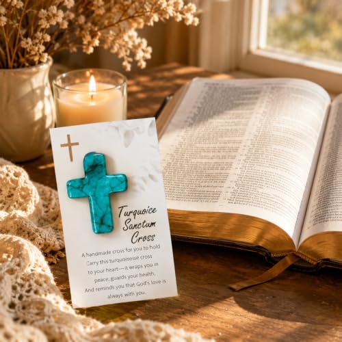 Holding Cross Christian Gifts, Turquoise Prayer Stone with Encouragement Card, Pocket Hug for Comfort & Faith, Religious Gift for Baptism, Confirmation, Communion, Easter