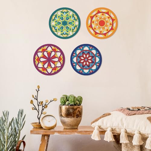 CHDITB 4Pcs Wooden Sacred Geometric Moroccan Talavera Wall Art 10x10 Inch Geometric Mandala
