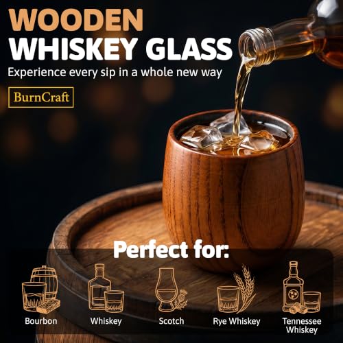 Charred Wooden Whiskey Glass Set of 2 - Artisan Bourbon Tumbler for Men - Natural Wood Drinking Cup for Whiskey Lovers - Gift for Husband, Father, Brother or Boyfriend - Gifts for Men and Father’s Day