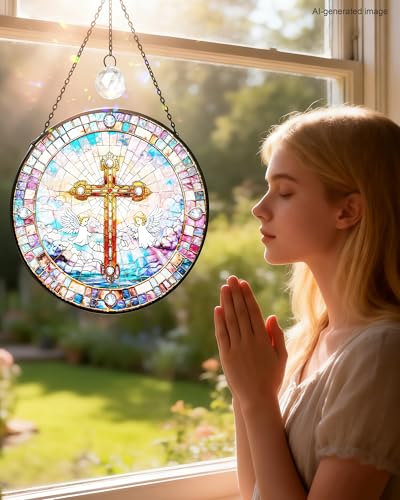 7.8" Christian Angel Cross Stained Glass Window Hanging Cross&angel 7.8 inch