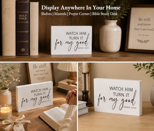 Christian Desk Decor, Genesis 50:20 Bible Verse Rustic Farmhouse Wood Block Sign, Inspirational Gift for Women & Men, Perfect for Daily Encouragement -A70