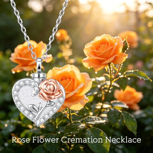 Heart Rose Cremation Urn Necklace for Ashes for Women 925 Sterling Silver