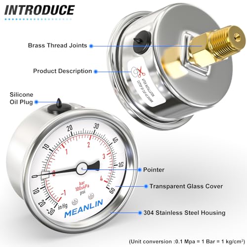 MEANLIN MEASURE stainless steel vacuum pressure gauge with 2-inch face dial and NPT hex bushings