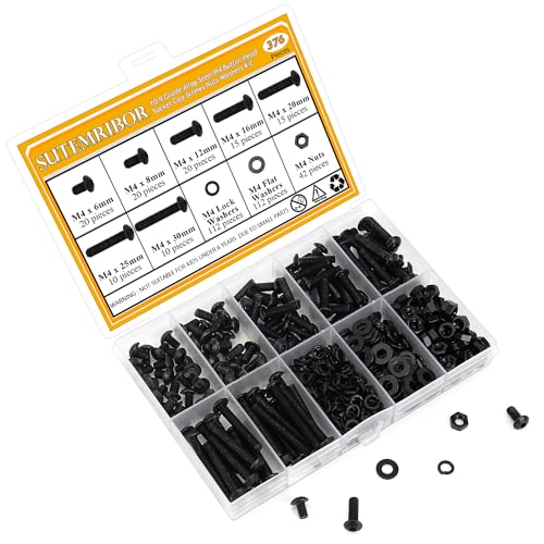 Sutemribor 376-piece black M4 screw, nut and washer assortment set with button head socket cap screws