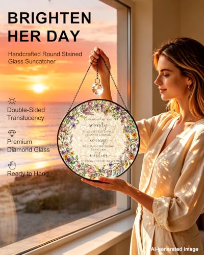7.8" Serenity Prayer Floral Stained Glass Window Hanging God Serenity