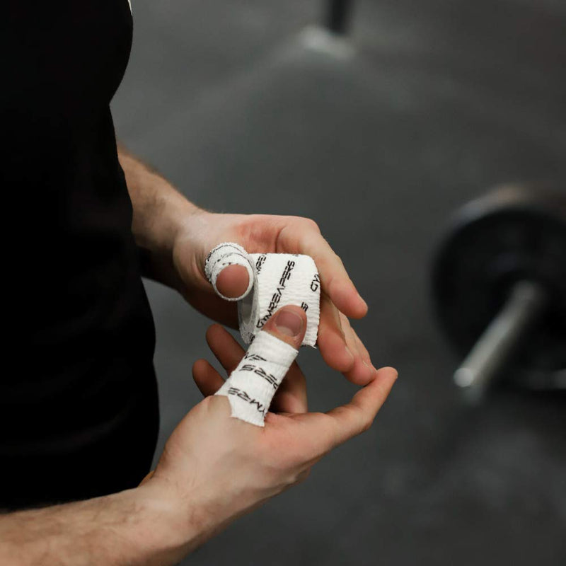 Gymreapers Weightlifting Adhesive Thumb Tape, Stretchy Athletic Tape Grip & Protection for Olympic Lifting, Cross Training, Powerlifting, Hookgrip White 5 yards x 1.5 inches