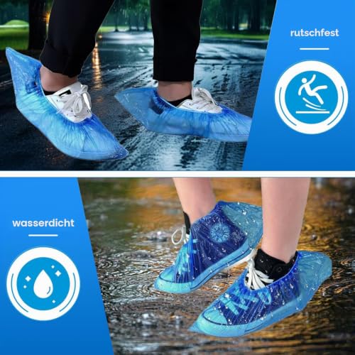 Pack of 100 Disposable Shoe Covers Waterproof & Non-Slip - Robust CPE Overshoes for Household, Cleaning, Laboratory, Guests, Construction Site, Indoor - Universal Size Blue