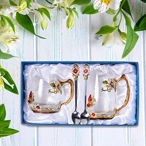 Tea Cup Glass Coffee Mugs,Fancy Tea Cup Set Birthday Christmas Valentine's Day Gift Idea for Tea Lover and Women Novelty Coffee Mugs Rose Flower Enamel Tea Cup Glass Mug with Spoon Red daisy butterfly