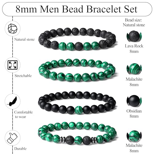 Mens Beaded Bracelets, 8MM Beaded Bracelets for Men, Natural Tiger Eye Bead Bracelet, Stretch Elastic Beads Bracelets for Men 4 volcanic malachite black