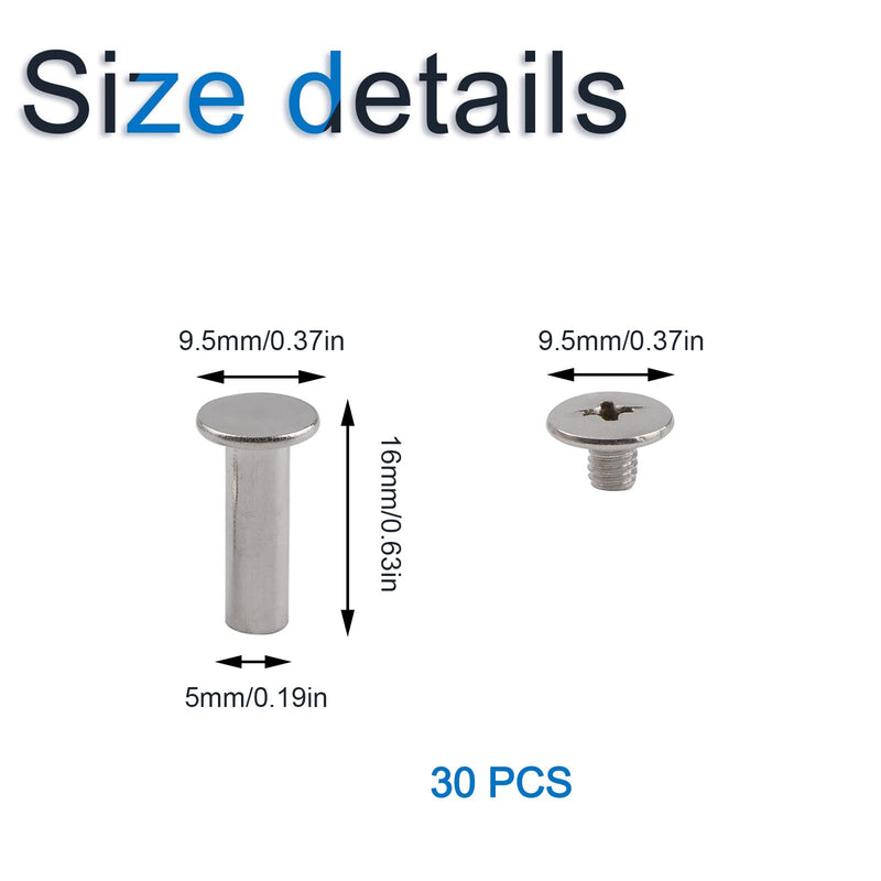 [Australia - AusPower] - INCREWAY Stainless Steel Phillips Screws, 30 Sets 5mm X 16mm Chicago Binding Screws Round Cross Head Stud Screw Posts Nail Rivet Chicago Button, Silver Tone 