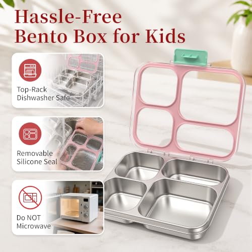 Stainless Steel Lunch Box for Kids, Leakproof 4 Compartment Kids Bento Lunch Box with Clear Lid, BPA-Free Steel Lunch Box Containers for School Travel (Pink) Pink