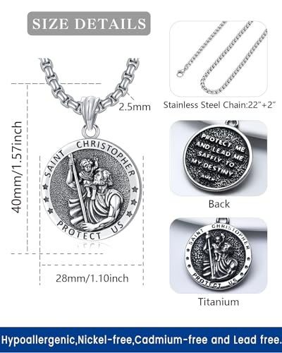 Wasee St Michael/St Christopher Medal Pendant Necklace for Men Religious Amulets Jewelry Gifts with 22"+2" Rolo Chain B01-Saint Christopher