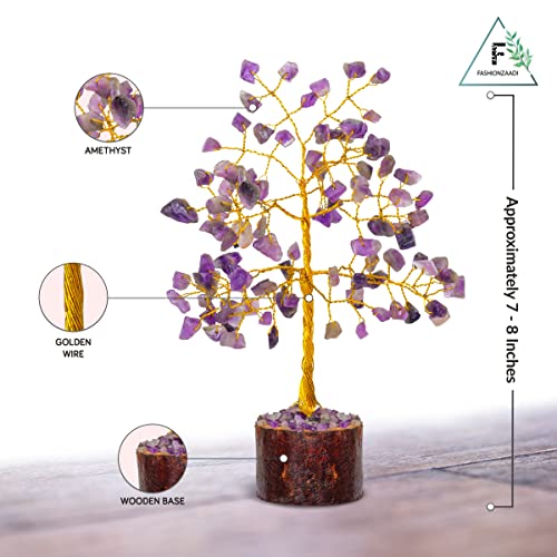 FASHIONZAADI Amethyst Bonsai Money Tree Feng Shui Crystal Gemstone Trees Chakra Stone Healing Crystals Trees Good Luck Home Office Table Décor Health Prosperity Size 7-8 inch (Golden Wire)