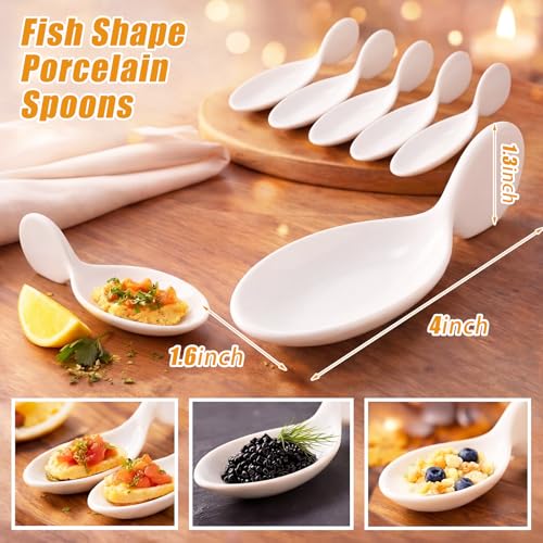 Hushee 12 Pack Fish Shaped Porcelain Tasting Spoons, 4 Inch approved Appetizer & Caviar Spoons, Chip-resistant for Buffet Serving, Sample Tasting Ceramics Spoon for Restaurant, Birthday Wedding