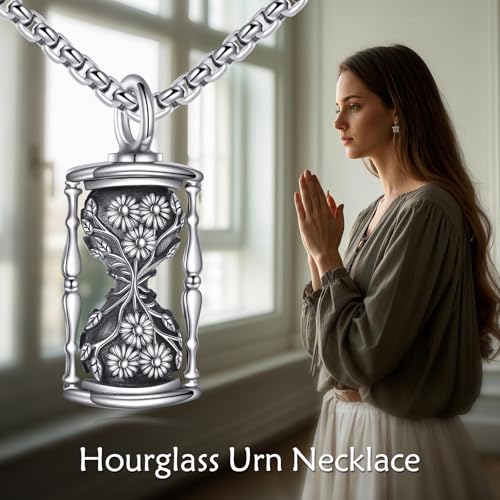 URONE Hourglass Urn Necklace for Ashes 925 Sterling Silver Hourglass with Daisy Flower Ashes Pendant Cremation Jewellery Memorial Gifts for Loved Ones Ashes