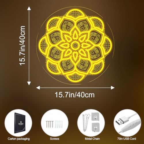 Mandala Neon Sign, Golden Yellow Spiritual LED Wall Light 15.7" x 15.7" Mandala-Golden Yellow