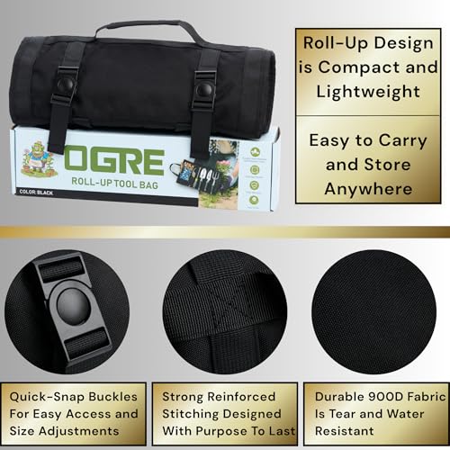Black OGRE roll-up garden tool bag with six pockets, heavy-duty organizer shown open flat