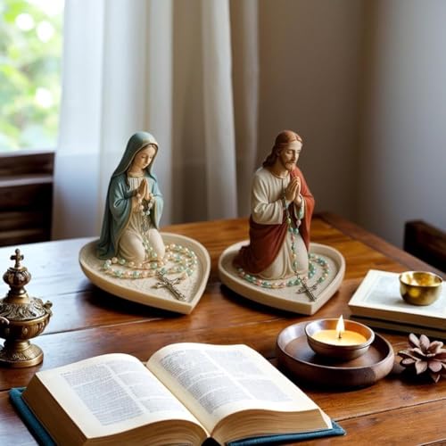 Virgin Mary Rosary Holder Statue, Resin Blessed Mother Figurine for Prayer Beads and Small Jewelry, Catholic Home Altar Decor, Religious Gift for Women and Men Cultural