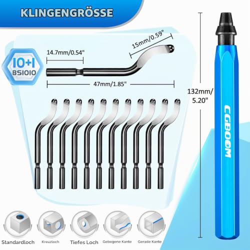 CGBOOM Universal Deburring Tool Metal Handle Hand Deburring with 10 Pieces Replacement Blades, 360° Rotating Blade Cutting Tool for 3D Printer, Plastic, Aluminium and Stainless Steel
