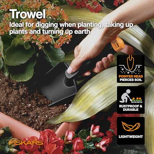 Fiskars 4-piece houseplant tool set with pruning shears, trowel, cultivator, and L/XL gardening gloves