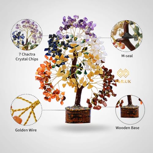 7 Chakra Crystal Tree of Life | Gemstone Bonsai Tree Gift for Women & Men | Feng Shui Home Decor for Office Desk & Living Room | Housewarming & Birthday Gift | 10–12 Inch Crystal Tree 7 Chakra – Golden Wire