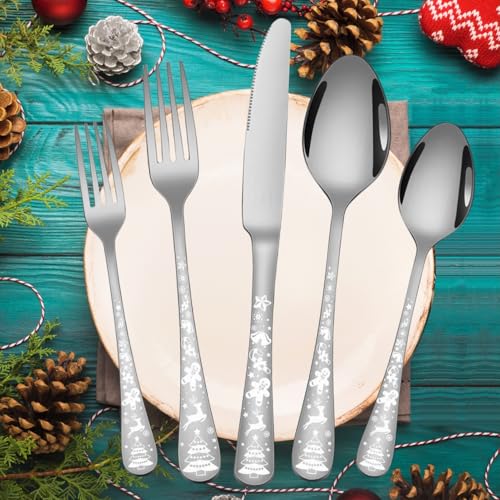 Vilihkc 20-Piece Christmas Style Silverware Set,Stainless Steel Flatware Set, Kitchen Utensil Set Service for 4,Tableware Cutlery Set for Home and Restaurant,Dishwasher Safe Silver