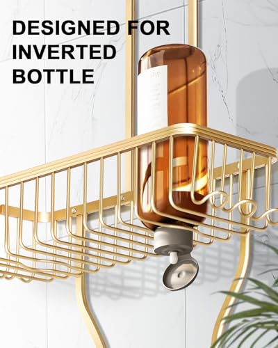 Shower Caddy Hanging - Never Rust Shower Hanging Organizer - Aluminum Over the ShowerHead Caddy with Soap Basket and 6 Razor/Sponge Hooks (Gold) Gold