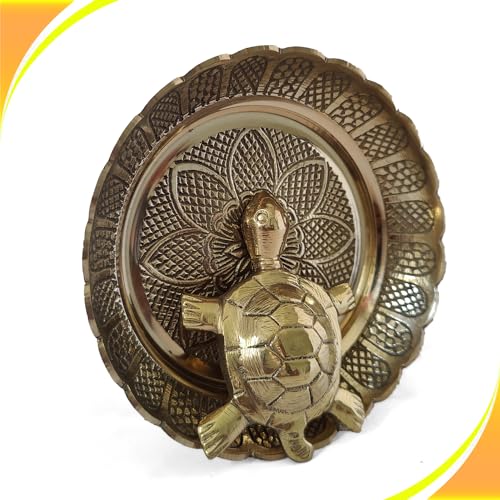 GURU JEE Fengshui Brass Turtle Tortoise Kachua on Metal Plate Vastu Statue Figurine Idol (Medium)