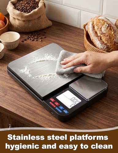 Dual Platform Digital Kitchen Scales, 10kg/1g & 500g/0.01g High Precision Food Scales for Baking, Cooking & Coffee, Stainless Steel Weighing Scales with Backlit LCD, Tare & PCS