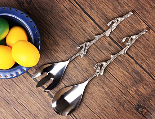Twig Salad Servers Brass & Stainless Steel, Fork & Spoon Set Leaf Design, Two Tone Ideal for Weddings, Dinner, Elegant Flatware, Housewarming, Stainless Steel Mirror Polished