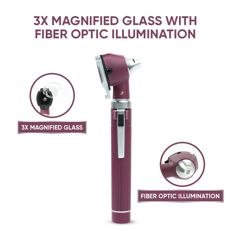 [Australia - AusPower] - Otoscope with Light, Fibre Optic Ear Scope for Kids & Adults, 3X Zoom Magnifying Glass, LED Ear Infection Checker with 10 Disposable Specula, Nylon Case, 6 Colors Medical Grade(Maroon Color) Burgundy/Maroon 