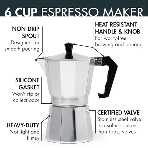 Primula Classic Stovetop Espresso and Coffee Maker, Moka Pot for Italian and Cuban Café Brewing, Greca Coffee Maker, Cafeteras, 6 Espresso Cups, Silver 6 Cup