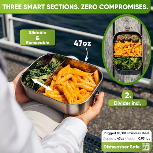 Blockhütte Stainless Steel Lunch Box for Adults I 47oz I Bento Box 3 Compartments with free Sealing, Leak-Proof Container, Metal Lunchbox for Travel, Work, Eco-Friendly Meal Storage Solution Silver