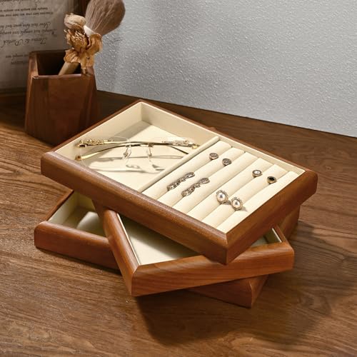2-in-1 Wood Ring Tray, Open Compartment Drawer Jewelry Organizer 2 Grid