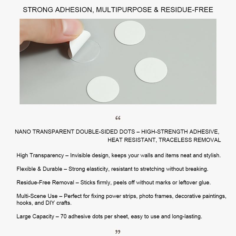 2 Pack Transparent Round Double-Sided Adhesive Dots – 70PCS Nano Traceless Acrylic Stickers, Removable Clear Strong Glue Pads for Wall Hooks, Posters, Frames, Home & Office Use