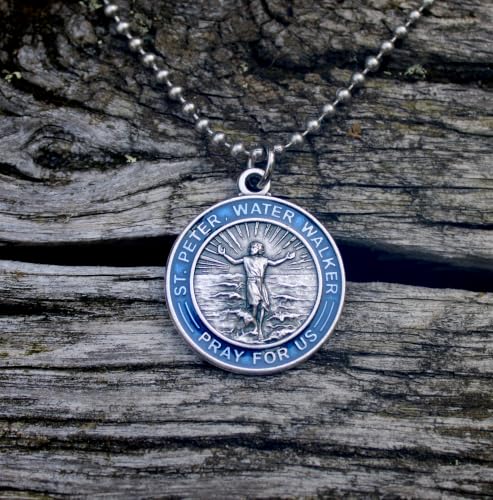 Mens Saint Peter Necklace, Catholic Patron Saint of Water Sports, Blue Enameled Alloy Medallion Made in Italy