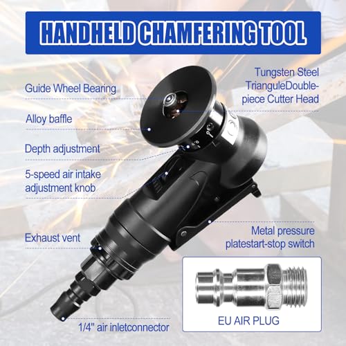 Mini Pneumatic Chamfering Machine, 45 Degree Handheld Linear Trimming Deburring Tool, Black Air Chamfer Tool Deburring Machine for Metal Wood with 1/4 Inch Air Inlet (6 R+6C Angle Blades+4 Bearing) 6 R+6C Angle Blades+4 Bearing