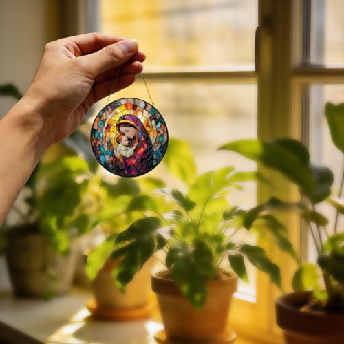 Madonna Child Stained Glass Hanging, Christian Suncatcher Decor Virgin Mary and Baby Jesus