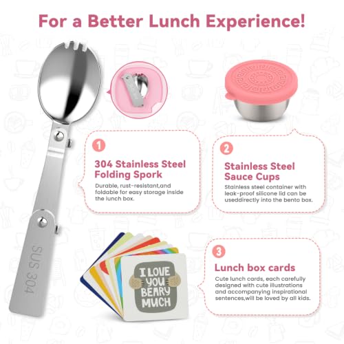 wiwens Kids Bento Lunch Box with Soup Thermo Food Lunch Container for Kid Pink