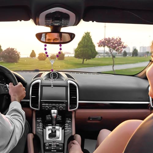 2 PCS Rosary for Rearview Mirror, Religious Cross Bead & Medal Car Rear View Mirror Hanging Ornament, Personalized Rosary Pendant Christian Auto Decoration for Women Men (Purple) Purple