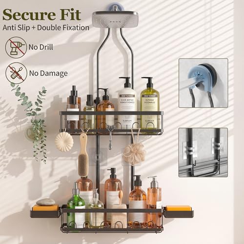 Black Skyapex shower caddy hanging over shower head with adjustable hooks for bathroom organization.
