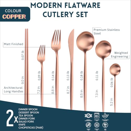 Matte Copper Silverware Set Reusable Chopsticks - KiiZYs 14-piece Stainless Steel Utensils Set Kitchen Accessories - Modern Flatware Spoon Fork Knife - Cutlery Set Gift Box (Matte Copper, 2 Sets) Matte Copper Set for 2 (14pcs)