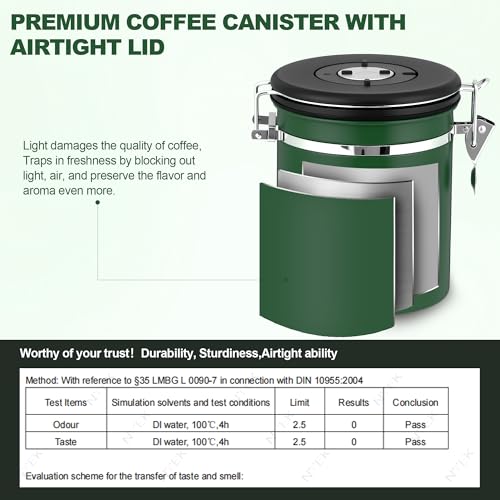 ShanSon Coffee Canister Airtight, Stainless Steel Bean Storage Container with Date Tracker & Scoop, Grounds Sugar Flour Tea Cereal Fits Kitchen Pantry, Ideal Gift for Coffee Lovers,22oz, Dark Green 22oz