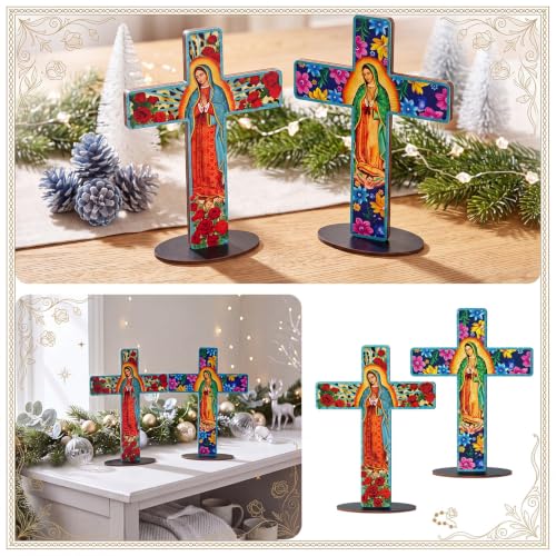 Yuntau 2 Pcs Floral Cross Table Decor Wooden Our Lady of Guadalupe Tabletop