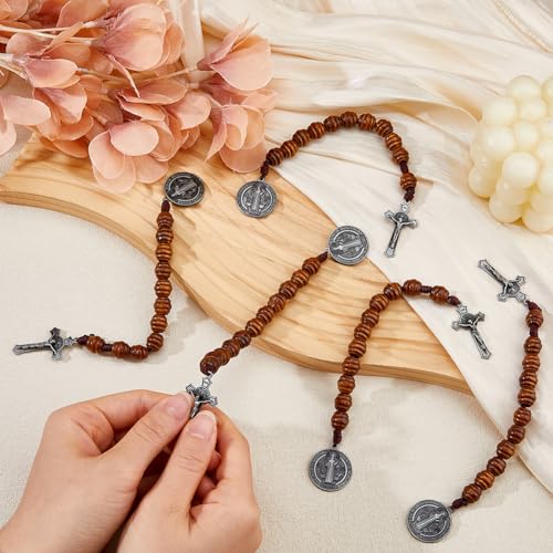 DICOSMETIC 4Pcs Saint Benedict Medal Pocket Rosary Open Style One Decade Rosary Wood Beads with Medal and Crucifix Catholic Christian Religious Gift for Men Women, 19.7cm Gunmetal